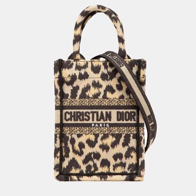Pre-owned Dior Brown Mizza Mini Embroidered Canvas Leopard Vertical Book Tote