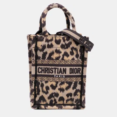 Pre-owned Dior Brown Mizza Mini Embroidered Canvas Leopard Vertical Book Tote
