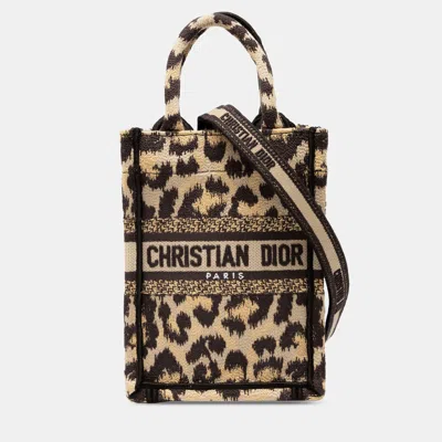 Pre-owned Dior Brown Mizza Mini Embroidered Canvas Leopard Vertical Book Tote