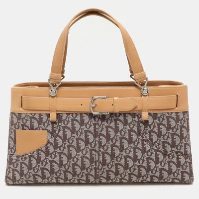 Pre-owned Dior Brown/beige Oblique Canvas And Leather Jeans Pocket Tote