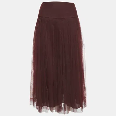 Pre-owned Dior Burgundy Dot Flock Print Tulle Pleated Midi Skirt S