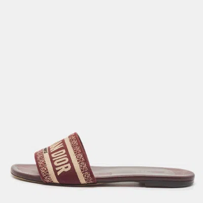 Pre-owned Dior Burgundy Embroidered Canvas Dway Flat Slides Size 38