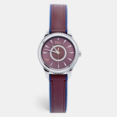 Pre-owned Dior Burgundy Mother Of Pearl Diamond Stainless Steel Leather Viii Place Vendome Cd152110a002 Women's Wri