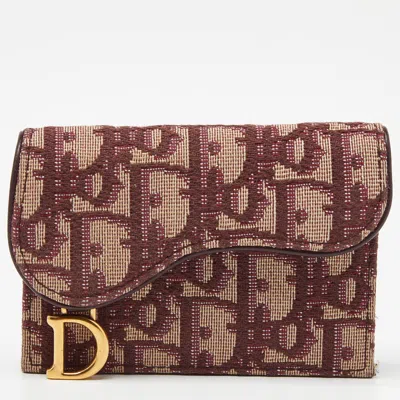 Pre-owned Dior Burgundy Oblique Canvas And Leather Saddle Card Holder