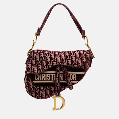 Pre-owned Dior Burgundy Oblique Embroidered Velvet Saddle Bag