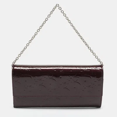Pre-owned Dior Burgundy Oblique Patent Leather Wallet On Chain