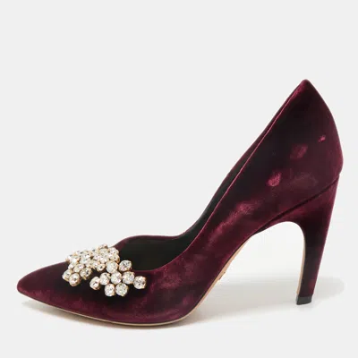Pre-owned Dior Burgundy Velvet Crystals Embellished Pumps Size 38