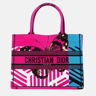 Pre-owned Dior Butterfly D Jungle Pop Book Tote Medium Pink Embroidered Canvas Tote Bag In Blue