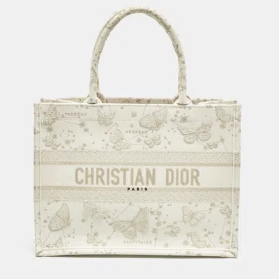 Pre-owned Dior Butterfly Embroidered Book Medium White/gold Canvas Tote