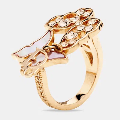 Pre-owned Dior Butterfly Pink Mother Of Pearl Crystal Gold Tone Ring Size 51