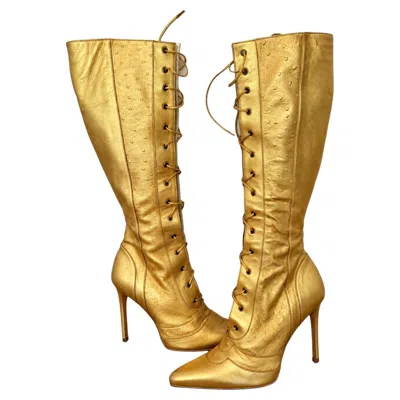 Pre-owned Dior By John Galliano 2000 Vintage Gold Leather Embossed Ostrich Lace Up Boots In Brown