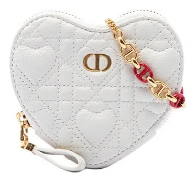 Pre-owned Dior Calf Leather Amour Calfskin Cannage Caro Heart Pouch With Chain In White