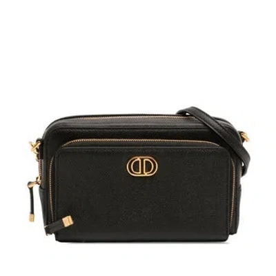 Pre-owned Dior Calf Leather Grained Calfskin Caro Double Pouch In Black