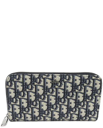 Pre-owned Dior Calf Long Zip Wallet Navy Beige (authentic Pre-loved)