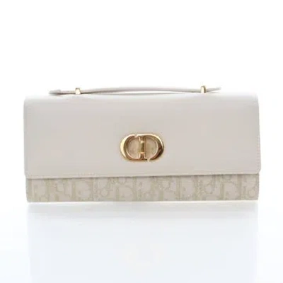 Pre-owned Dior Calfskin Oblique Canvas Miss Caro Top Handle Pouch Medium In White