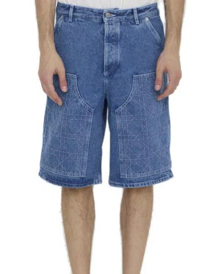 DIOR BLUE DIOR HOMME CARPENTER-STYLE BERMUDA SHORTS WITH CANNAGE MOTIF INSERTS
