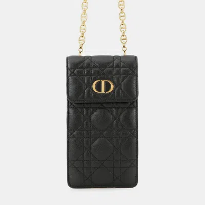 Pre-owned Dior Cannage Caro Phone Holder Black Calf Leather