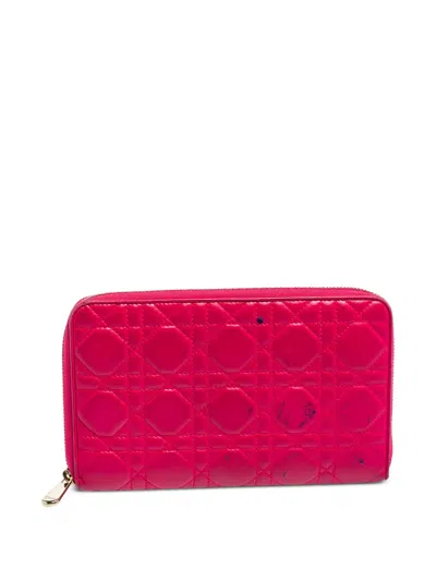 Pre-owned Dior Cannage Leather Zip Wallet In Pink