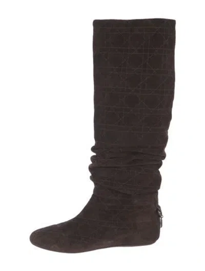 Pre-owned Dior Cannage Pattern Suede Slouch Boots In Brown