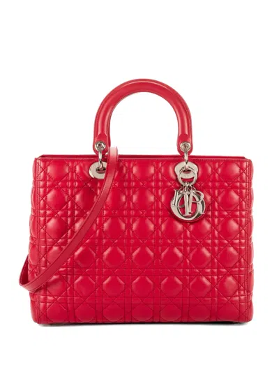 Pre-owned Dior Cannage Quilted Leather Tote Bag In Red