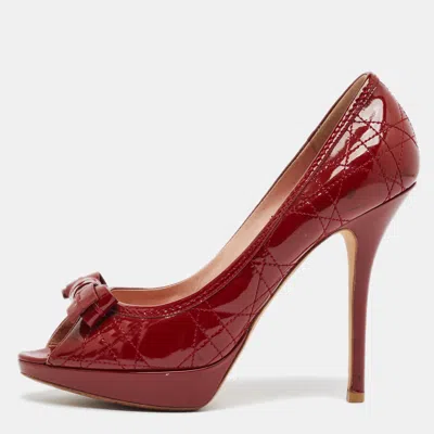 Pre-owned Dior Cannage Size 38.5 Burgundy Patent Leather Peep Toe Pumps