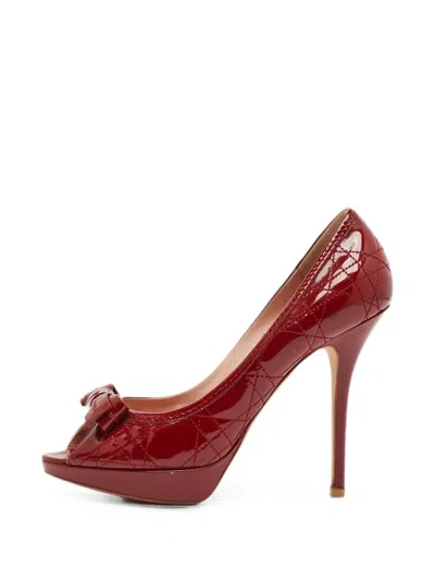 Pre-owned Dior Cannage-quilting Peep-toe Pumps In Red