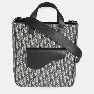 Pre-owned Dior Canvas And Leather Oblique Jacquard Saddle Tote Bag In Black