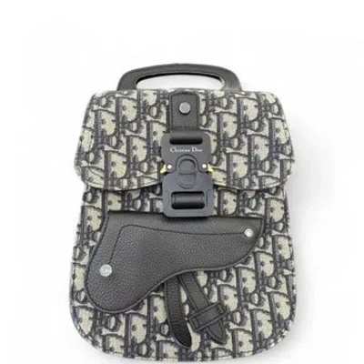 Pre-owned Dior Canvas Oblique Jacquard Saddle Backpack Mini In Black/neutrals