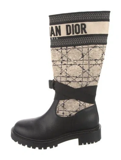 Pre-owned Dior Canvas Tweed Pattern Moto Boots In Neutral