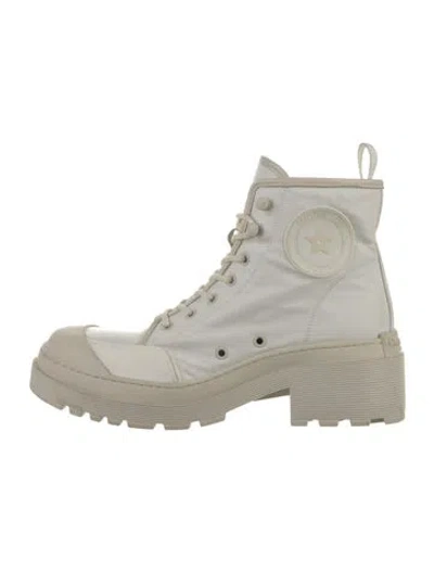 Pre-owned Dior Canvas Whipstitch Trim Lace-up Boots In Neutrals/white