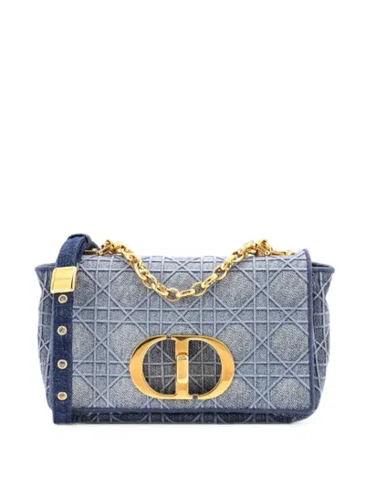 Pre-owned Dior Caro Bag Cannage Embroidered Denim Small Shoulder Bag In Blue