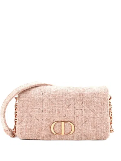 Pre-owned Dior Caro Bag Macrocannage Quilt Linen Small Shoulder Bag In Pink