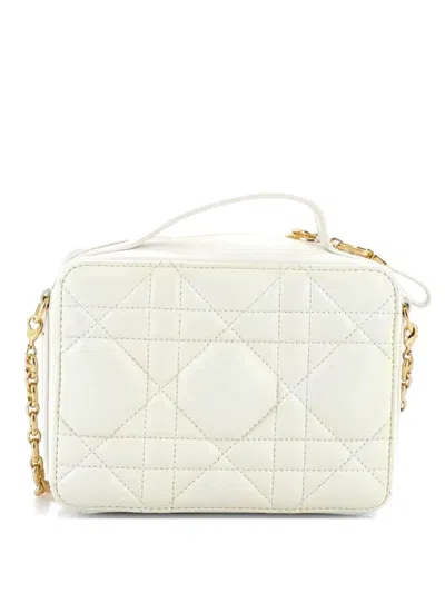 Pre-owned Dior Caro Box Bag With Chain Macrocannage Quilt Calfskin Satchel In White