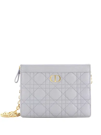 Pre-owned Dior Caro Clutch With Chain Cannage Quilt Calfskin Small Crossbody Bag In Gray