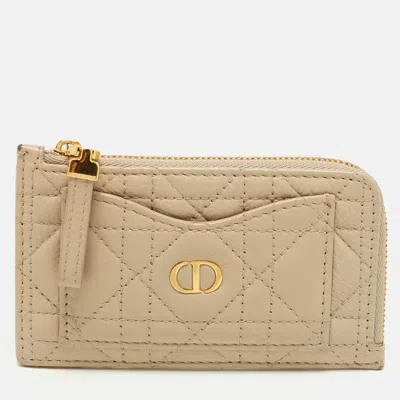 Pre-owned Dior Caro Cosmos Beige Cannage Leather Card Holder In Sand