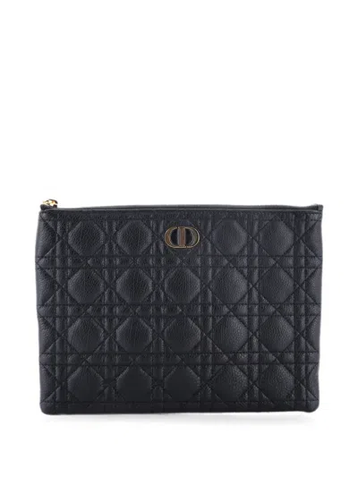 Pre-owned Dior Caro Daily Cannage Quilt Calfskin Medium Pouch In Black