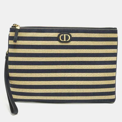 Pre-owned Dior Caro Daily Navy Blue/beige Canvas And Raffia Pouch