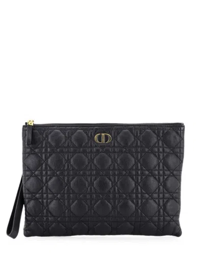 Pre-owned Dior Caro Daily Pouch Cannage Quilt Calfskin Clutch Bag In Black
