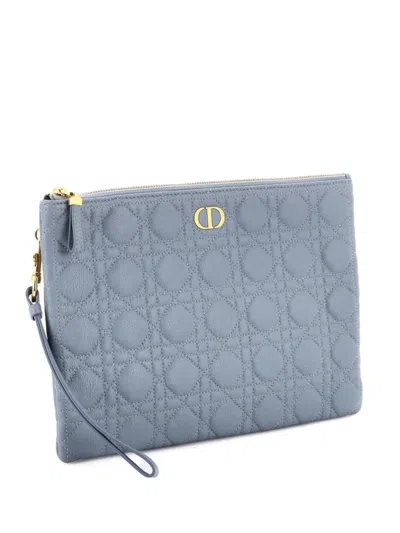 Pre-owned Dior Caro Daily Pouch Cannage Quilt Calfskin Clutch Bag In Gray