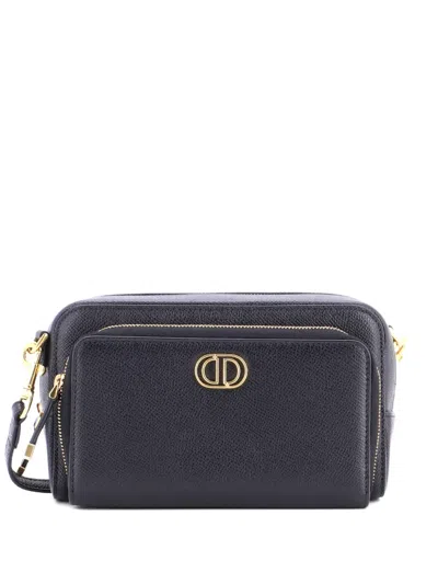 Pre-owned Dior Caro Double Pouch Leather Crossbody Bag In Black