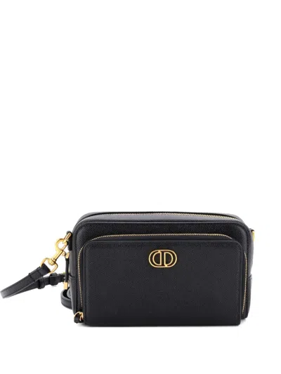 Pre-owned Dior Caro Double Pouch Leather Crossbody Bag In Black