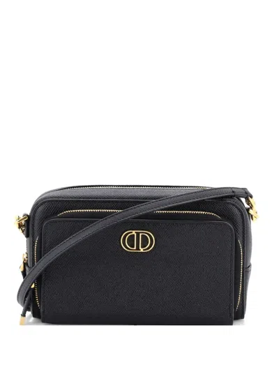 Pre-owned Dior Caro Double Pouch Leather Crossbody Bag In Black