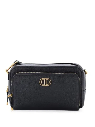 Pre-owned Dior Caro Double Pouch Leather Crossbody Bag In Black