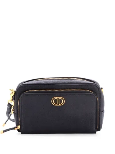 Pre-owned Dior Caro Double Pouch Leather Crossbody Bag In Black