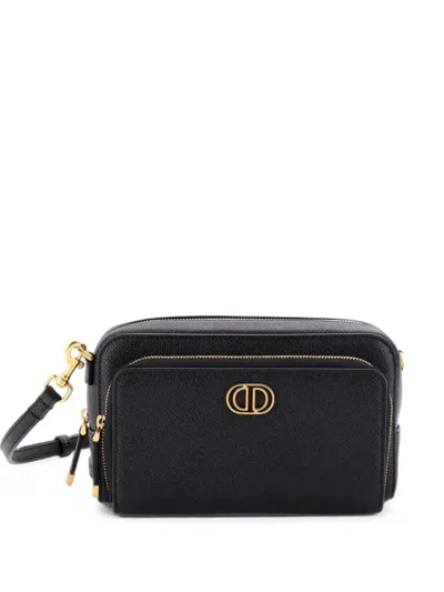 Pre-owned Dior Caro Double Pouch Leather Crossbody Bag In Black