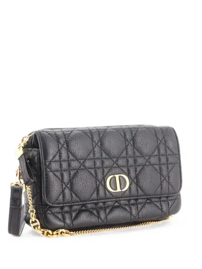 Pre-owned Dior Caro Flap Double Pouch Cannage Quilt Calfskin Crossbody Bag In Black