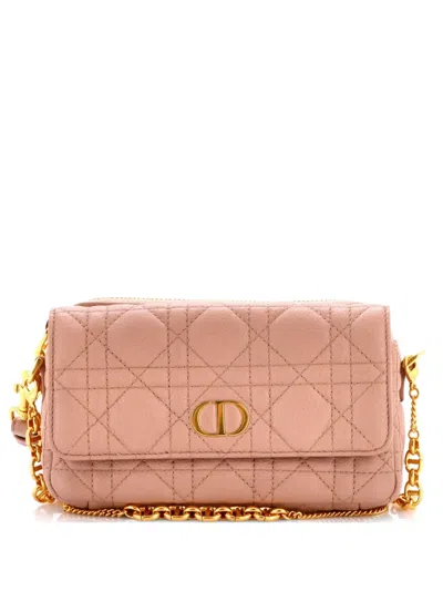 Pre-owned Dior Caro Flap Double Pouch Cannage Quilt Calfskin Crossbody Bag In Pink