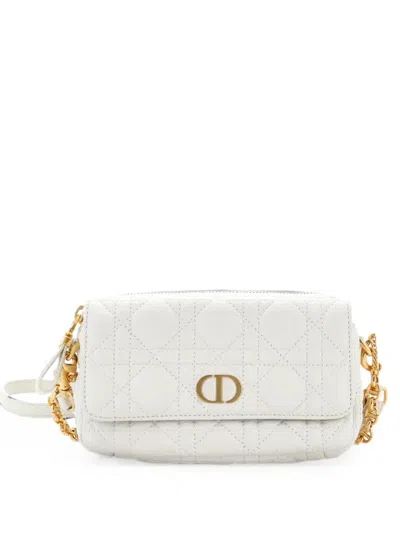 Pre-owned Dior Caro Flap Double Pouch Cannage Quilt Calfskin Crossbody Bag In White