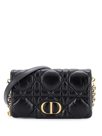 Pre-owned Dior Caro Flap Pouch With Chain Macrocannage Quilt Calfskin Mini Crossbody Bag In Black