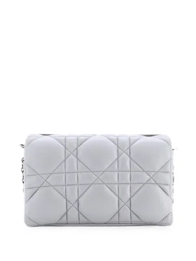 Pre-owned Dior Caro Flap Pouch With Chain Macrocannage Quilt Calfskin Mini Crossbody Bag In Grey